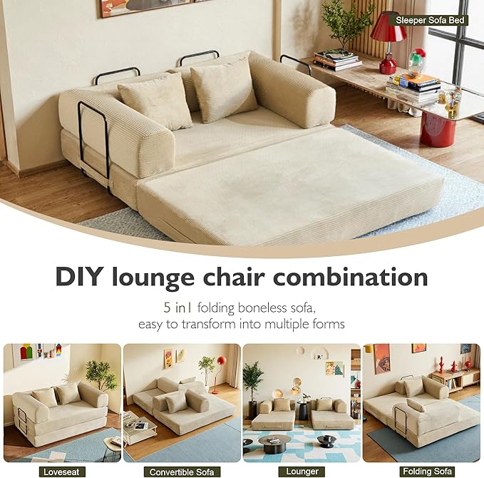 59 Inch 5-in-1 Convertible Sofa Bed, Corduroy Boneless Floor Couch with Fixed Frame & Pillow, Modular Folding Mattress Lounger for Small Space, Living Room, Bedroom - Easy Assembly(Beige)