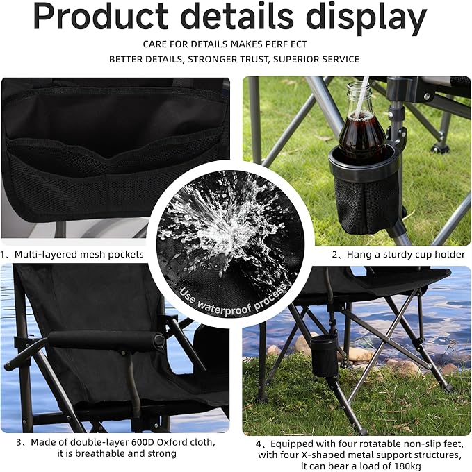 Folding Camping Chair with Cup Holder and Storage Bag, Heavy Duty Support 400 LBS, Oversized Collapsible Portable Camping Chair for Outdoor Camp, Picnic, Travel, Fishing Black