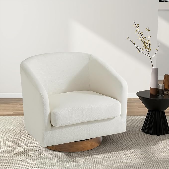 Swivel Barrel Chair, Modern Round PU Leather Accent Armchair for Living Room, Bedroom, Oversized Comfy Club Reading Chairs for Adults (Fabric Beige, Set of 1)