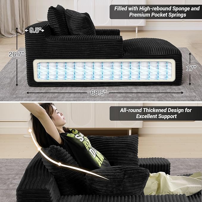 50"W x 68"D Oversized Chaise Lounge Chair Indoor Boneless Reading Chair Plush Corduroy Recliner Large Deep Seat Upholstered Sleeper Comfy Sofa Bed Couch with 3 Pillows for Living Room Bedroom, Black