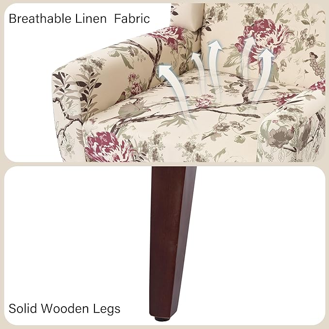 DREAMSIDEA Accent Chair, Modern Linen Blend Arm Chair for Living Room, Bedroom, Comfy High-Resilient Sponge Reading Chair for Small Spaces (Pattern Red Floral, Set of 1)