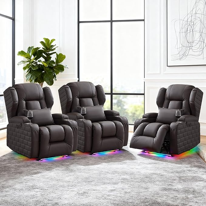 Wall Hugger Power Recliner Chair with Heat and Massage, Overstuffed Reclining Sofa Chair for Living Room Home Theater RV with 3-Side LED Lights/Cup Holders/USB & Type C Port (Brown)