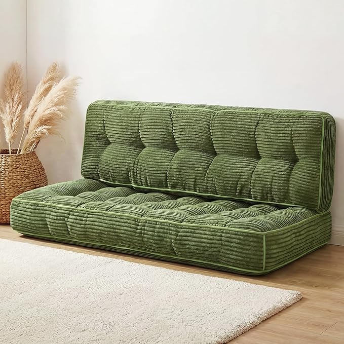 Vercraft 63 Inch Folding Bench Cushion, 4 Inch Thick 2-in-1 Convertible Long Floor Lounger Boneless Cushions Couch Mattress Upholstered for Yoga, Reading, Sleeping, Meditation Living Room(Dark Green)