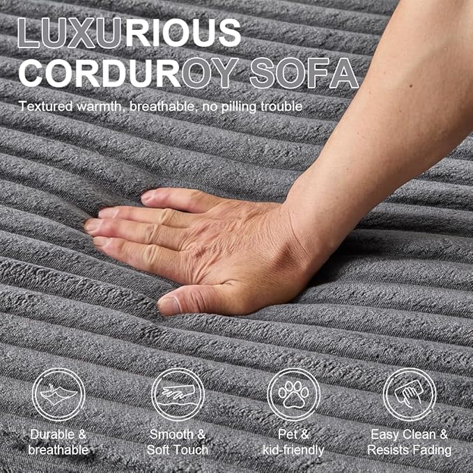 66" Oversized Chaise Lounge Sofa Chair Indoor, Modern Corduroy Single Sleeper Couch Chair with 3 Soft Pillows＆Cup Holder, Boneless Cloud Couch Single Seat Sofa Bed for Living Room Office (Dark Grey)