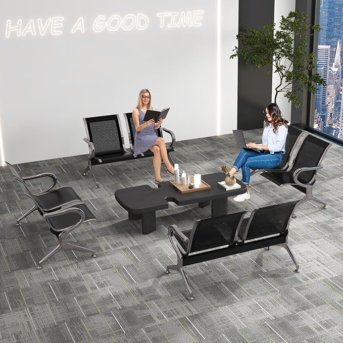 Kinfant 2-Seat Waiting Room Chair Bench Set- Office Guest Benches Reception Chairs with Arms for Airport, Hospital, Bank, Salon, Barbershop, Hall, Room Conference(Black Mesh, Set of 4)