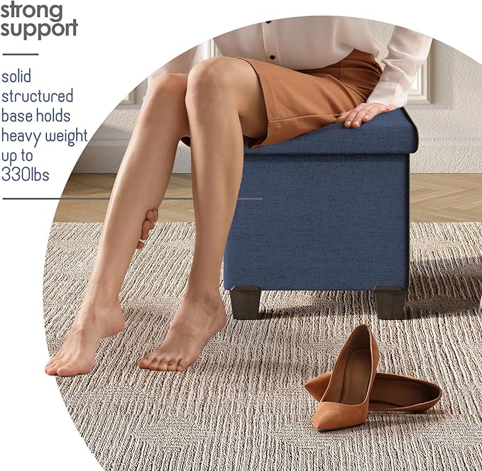 Storage Ottoman Cube with Small Bin, 16-in Square Ottoman with Storage for Living Room and Bedroom, Small Ottomans Foot Rest, Fabric Foot Stools Ottomans Max 330lbs, Blue