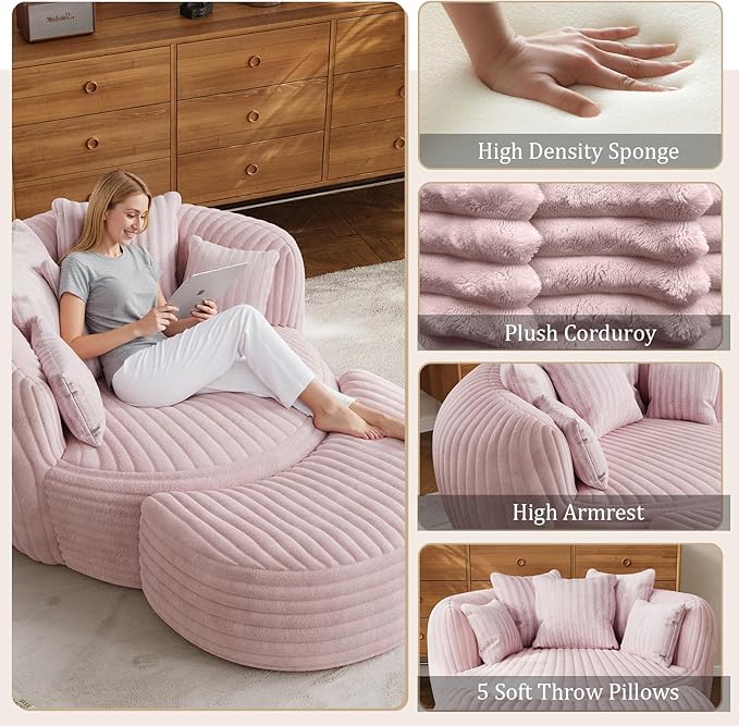 50" W Oversized Round Chaise Lounge Chair with Ottoman Indoor Boneless Plush Fluffy Corduroy Circle Couch Soft Comfy Cozy Cloud Reading Chair for Living Room, Playroom, Bedroom - Pink