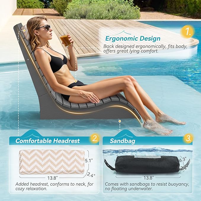 Homenjoy Pool Lounge Chairs Set of 2, Use in Pools Lounge Chairs up to 10-Inches of Water, Chaise Chairs with Headrest, Lounge Chair Outdoor, Fade-Resistant Pool Lounger for Deck