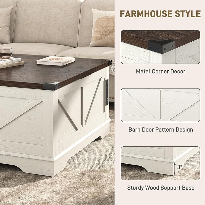 Hlivelood 40” Large Farmhouse Lift Top Coffee Table with Power Outlets and Large Hidden Storage, Square Wood Living Room Tables, Multi-Function Lift Wooden Barn Door Center Table, Rustic White
