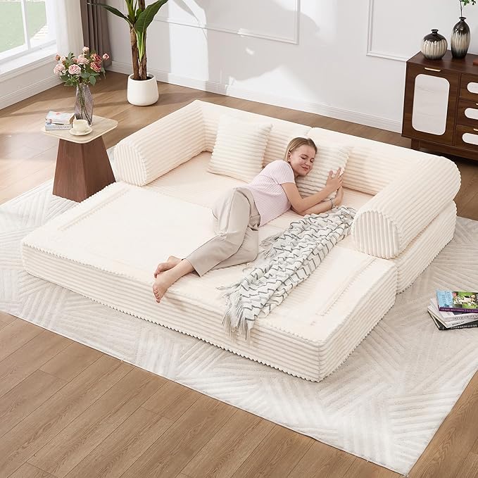 Tbfit 79'' Folding Boneless Couch, Oversized Corduroy Convertible Sofa Bed, Futon Mattress Sleeper Sofa, Comfy Foldable Upholstered Floor Couches for Living Room, Beige