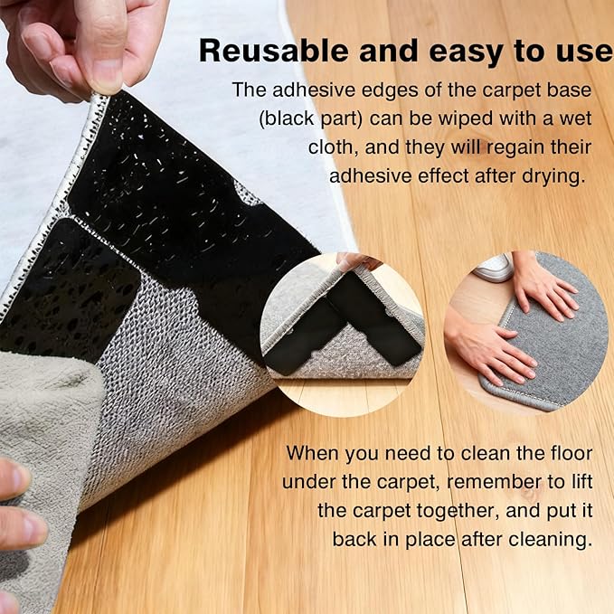Washable Rug Grippers for Hardwood & Tile Floors, Reusable Non Slip Carpet Pads to Keep Corners Flat, Floor-Friendly Adhesive, Easy to Apply and Remove, Anti Curling Design (8 Pack)