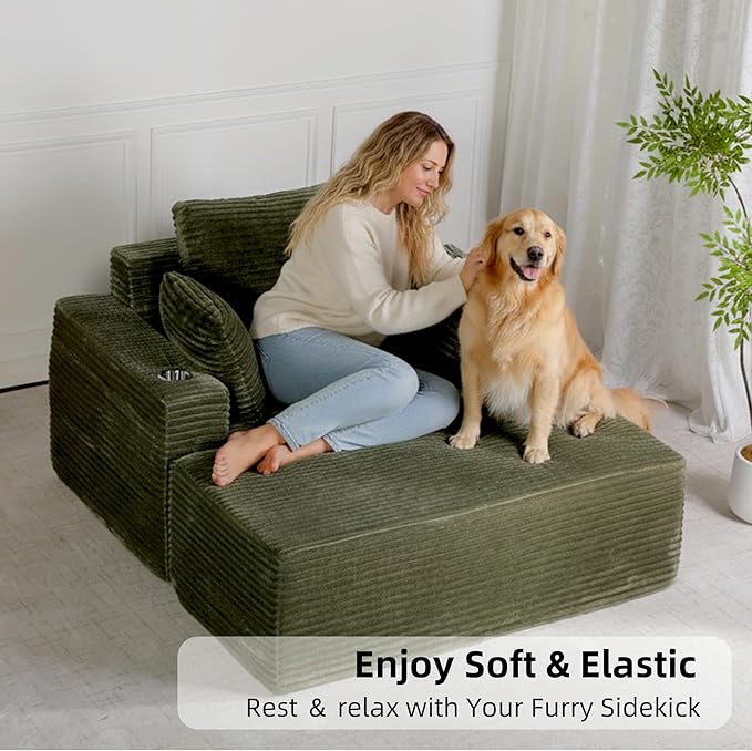 54" W Oversized Chaise Lounge Chair Indoor, Boneless Chaise Lounge Couch, Convertible Comfy Reading Chairs, Corduroy Sleeper Couch Chair for Living Room, Compression Sofa with Ottoman, Green