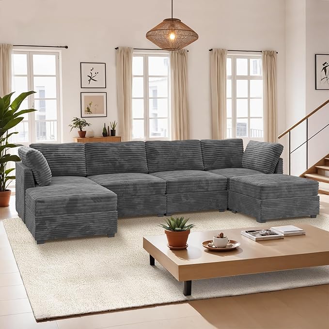 CAODOC Large 6 Seat Modular Sectional Sofa with Ottoman Seat Corduroy Sleeper Sectional Sofa Bed Oversized Convertible Modular Couch for Living Room