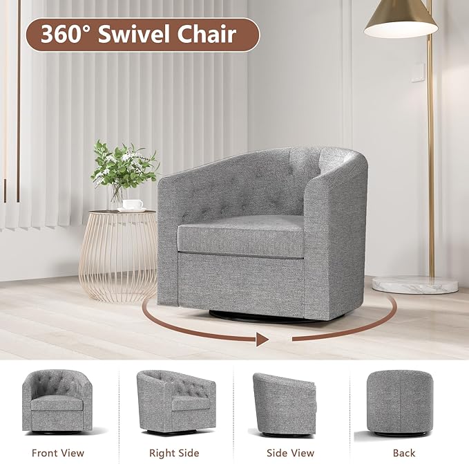 Simore Swivel Barrel Accent Chair Set of 2, Comfy Fabric Round Swivel Cuddle Chair for Nursery Living Room Bedroom Office, Gray