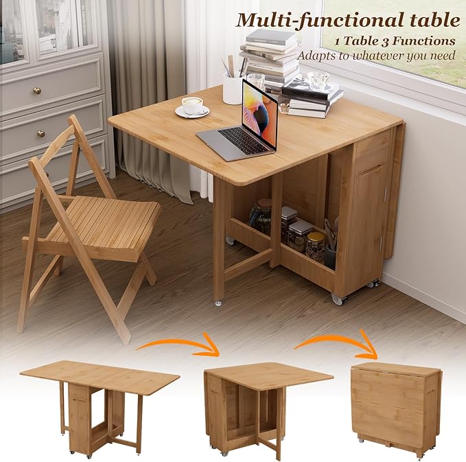 Bamboo Folding Dining Table Set for 4, Extendable Drop Leaf Foldable Table with Lockable Wheels & Storage for Small Spaces Kitchen Dining Room, Collapsible Dinette Expandable Rectangle (Wood)