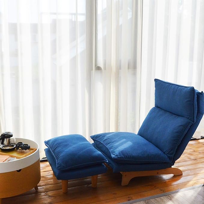 Floor Chair Single Lazy Sofa Leisure Balcony Reclining Japanese Tatami Adjustable Recliner with Ottoman for Living Room, Bedroom, Indoor Use (Stacked Footstool, Blue)