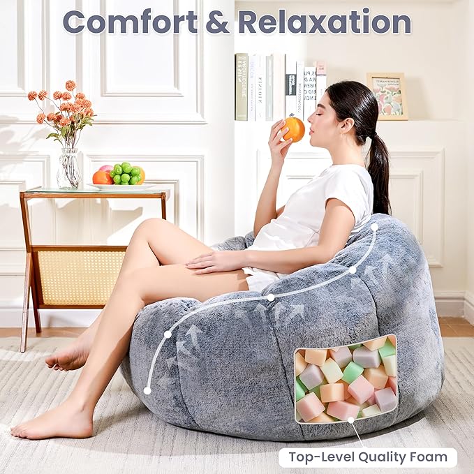 Bean Bag Chairs for Adults, Teens Youth Beanbag Reading Chair with Petal Arm Rest, Comfy Faux Fur Fluffy Bean Bag for Living Room, Bedroom, Dorm, Game - Grey, Large, Low Support