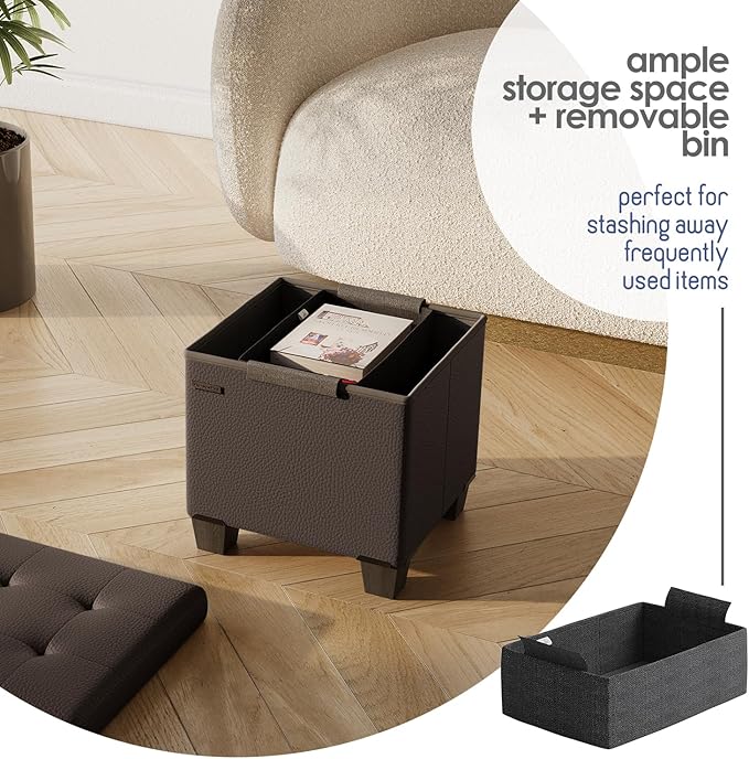 Storage Ottoman Cube with Small Bin, 16-in Square Ottoman with Storage for Living Room and Bedroom, Small Ottomans Foot Rest, Faux Leather Foot Stools Ottomans Max 330lbs, Brown