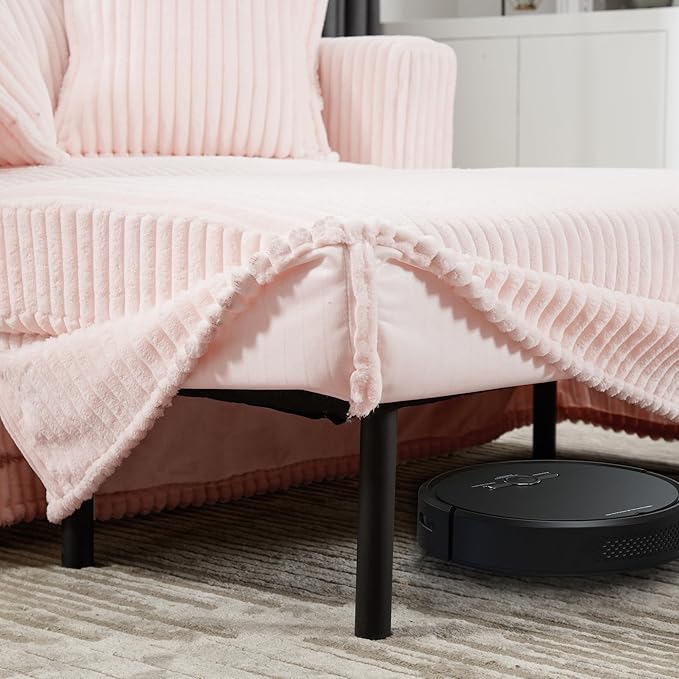 Indoor Chaise Lounge Chair with Ottoman, Comfy Faux Fur Plush Corduroy Lounge Sofa, Modern Cloud Couch Chair with Wide Armrests (Pink (No Storage))