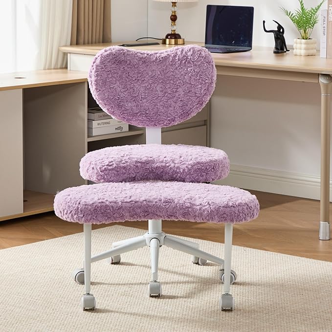 Tomofcessn Cross Legged Chair with Footrest, Plus Size Criss Cross ADHD Office Chair, Memory Foam Cushion, Armless Swivel Desk Chair with Wheels, Active Sitting for Home Office,Artificial Rabbit Fur