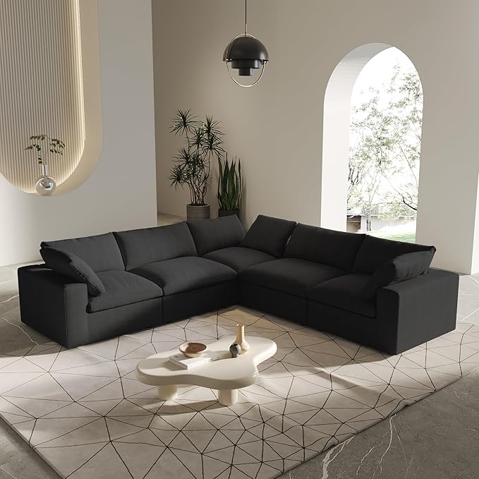 V-Shaped Cloud Sectional Couch, Modular Sectional Sofa, Modern Comfy Cloud Sofa, Covers Removable, Convertible Sleeper Couch for Living Room Apartment (Black, Linen Fabric)