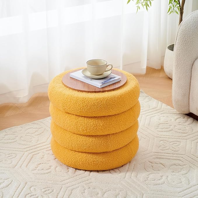 Wimarsbon Round Storage Ottoman, Modern Sherpa Footstool, Teddy Vanity Stool with Flip-Top Tray, Makeup Chair for Home Decor, Upholstered Footrest for Living Room & Bedroom (Yellow)