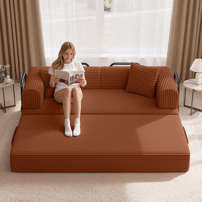 Convertible Corduroy Sleeper Sofa Bed with Cylindrical Pillow, Folding Mattress Couch with Fixed-Shape Frame, Floor Sofa Lounge Couch for Living Room Bedroom Lounge Studio, Red Brown