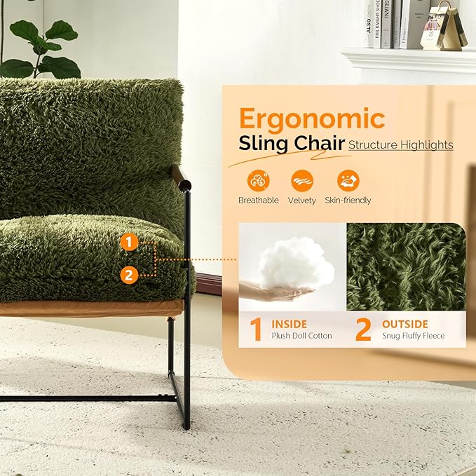 VINGLI 28" Wide Plush Upholstery Sling Modern Accent Chair with Metal Frame, Cute Reading Armchair with Removable Seat Cushion & Tan Microfiber Seat Base, Lazy Chair for Bedroom & Lounge,Olive Green