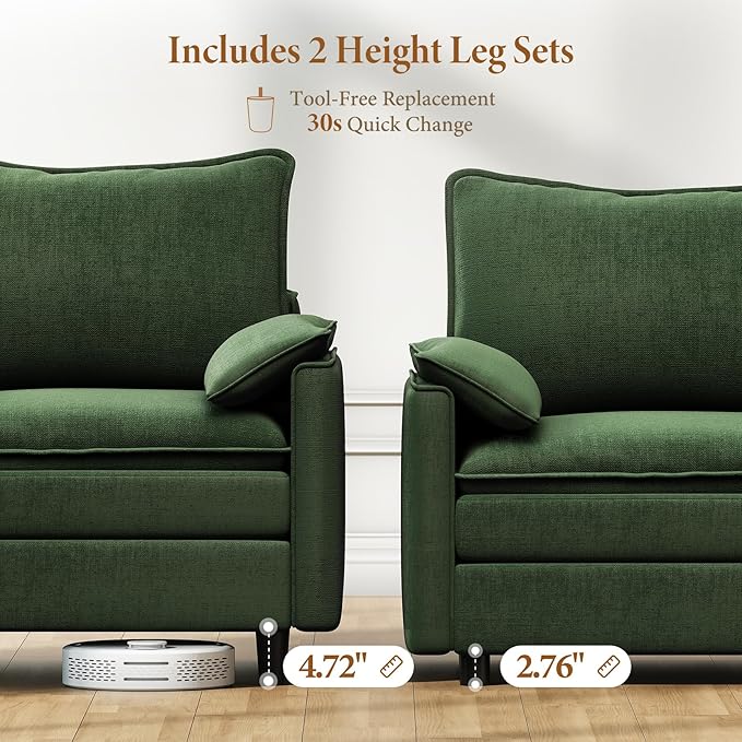 Vesgantti 108" U Shaped Sectional Couch, Comfy Cloud Modular Sectional Sofa with 2 Ottoman Deep Seat Chenille Modern Cloud Sofa, Modular Sofas for Living Room, Bedroom and Apartment, Green