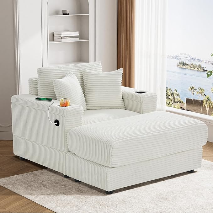 DAMAIFROM Oversized Chaise Lounge Chair Indoor with USB, Cup Holder & Ottoman, Firm Solid Wood Frame with Long Service Life Corduroy Oversized Lounge Reading Chair for Study Room - Beige White