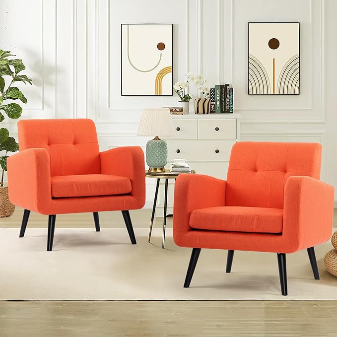 LSSPAID Accent Chairs Set of 2, Modern Orange Linen Fabric Living Room Chairs, Comfy Upholstered Armchairs Single Sofa Chair with Solid Wood Legs for Apartment, Reading, Office