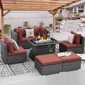 RADIATA 7 Piece Wicker Patio Furniture Set with Fire Pit, All-Weather Outdoor Sectional Couch High Back Large Size, Modular Backyard Seating Sofa Set with Propane/Natural Gas Firepit Table, Grey&Red