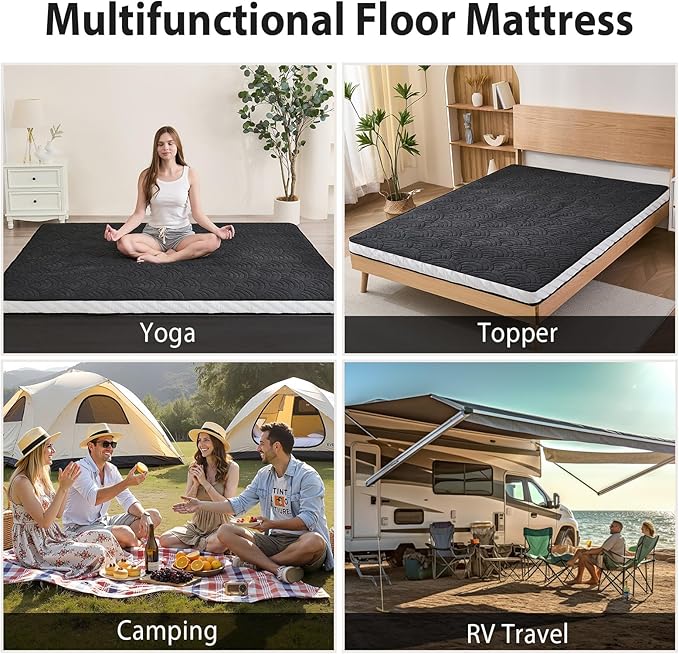 Zelladorra Japanese Floor Mattress, Quilted Futon Mattress with Anti-Slip Bottom, Foldable Floor Bed with Storage Bag and Straps, (Black, Twin)