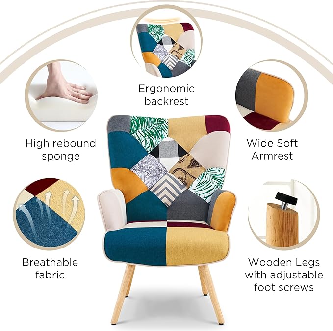 Accent Chair, Living Room Chair, Modern High Back Armchair, Colorful Patchwork Reading Chairs for Bedroom, Lounge Chair with Linen Fabric Shell and Solid Wood Feets (2, Colorful)