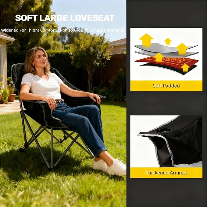 FAIR WIND Oversized Padded Camping Chair Heavy Duty Quad Fold Arm Chair Portable for Outdoor - Support 450LBS, Black