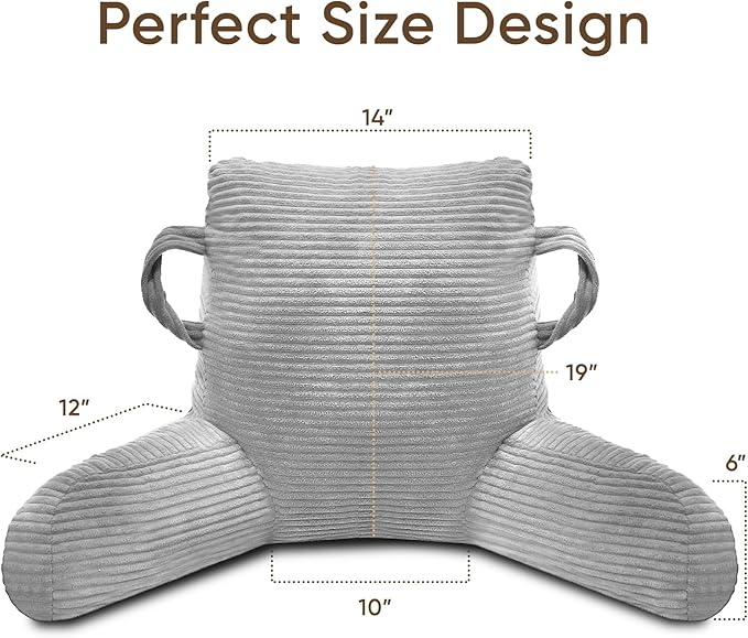 ABROLOY Reading Pillow for Sitting in Bed Adult, Bed Reading Pillow with Shredded Memory Foam, Back Pillow for Sitting with Arms and Pockets, LightGrey