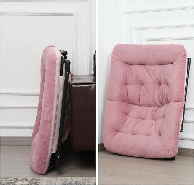 Comfy Saucer Chair for Adults, Soft Faux Fur Bedroom Chair with Ottoman, Accent Dorm Chairs, Living Room Reading Chairs and Footstool, Folding Lounge Seat for Teens, X-Large, Dusky Pink
