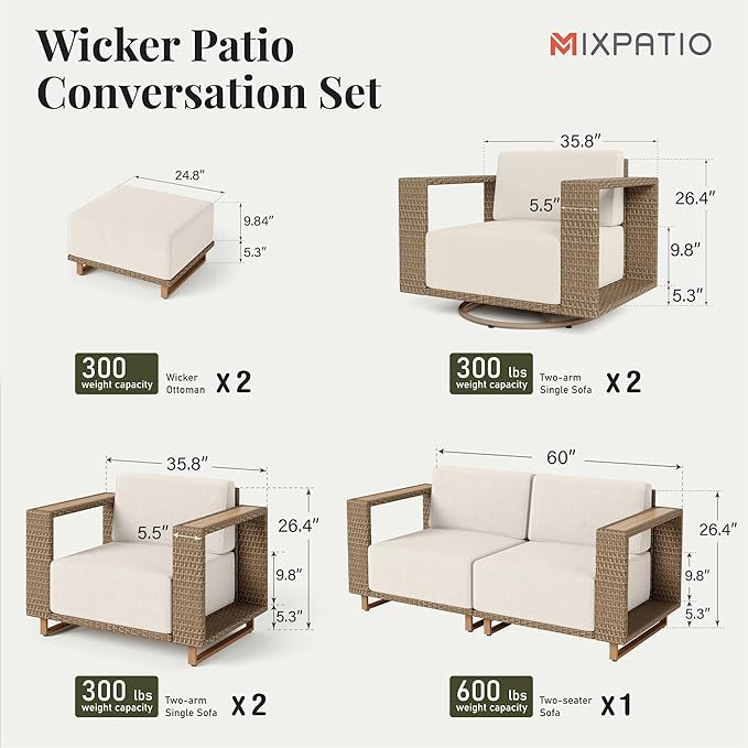 MIXPATIO Outdoor Patio Furniture Set, 8 Piece Outdoor Rattan Wicker Couch, Conversation Sets with 2 Swivel Sofas, 2 Leg Sofa, 2 Armchairs and 2 Ottomans for Deck Backyard Lawn