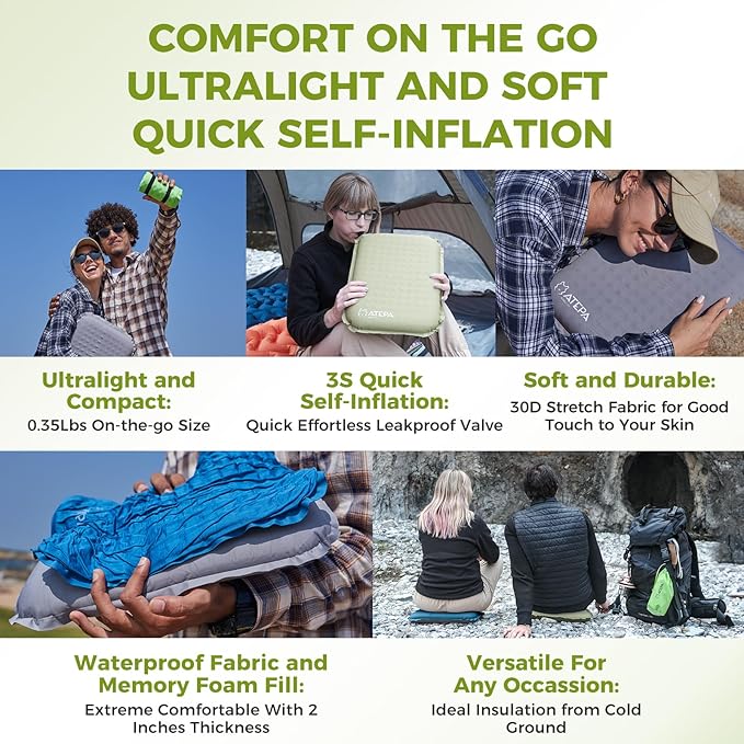 ATEPA Inflatable Seat Cushion, Self-Inflating Portable Stadium Airplane Travel Foam Cushion Pad for Camping, Sports Events, Outdoor