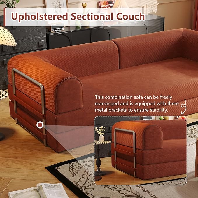 Convertible Sleeper Sofa Bed Boneless Cloud Comfort Orange Futon Couch for Lounging & Sleeping, Removable & Washable Corduroy Sofa Cover, Floor Sofa Folding Mattress for Guests, Small Spaces