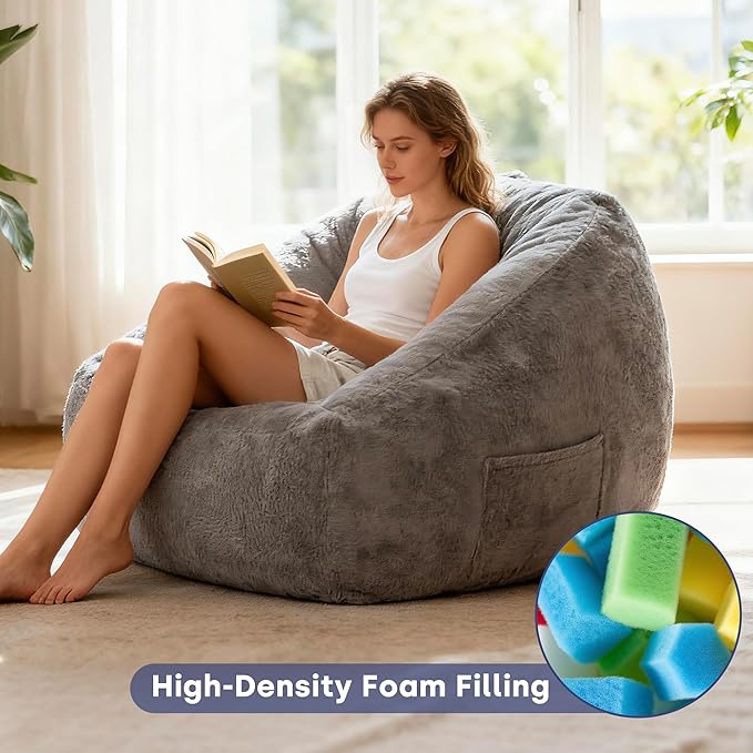 SUNBURY 47.2" Length L-Shaped Bean Bag Chair with Arms, Memory Foam Filled Floor Sofa with Handle & Side Pocket, Plush Faux Fur Chair for Adults, Living Room & Game Room (Gray)