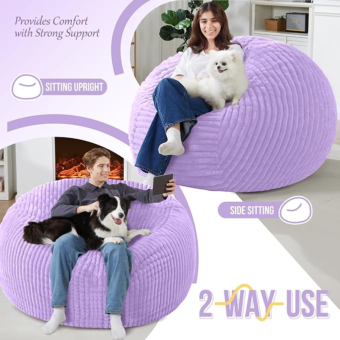 Homguava 6 FT Bean Bag Chair,6' Big Bean Bag,Giant Bean Bag Chairs for Adults with Memory Foam Filled,Comfy Large Beanbag Chairs Soft Bean Bag Sofa with Dutch Corded Plush Cover-Purple
