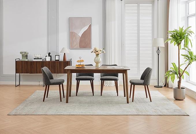 ElfinAura Dining Chair Set of 6, Leather Upholstered Dining Chair with Wood Legs, Wing Backrest, Wooden Kitchen Chair, Kitchen Chairs with Thick Cushions for Dining Room, Living Room, Dark Grey