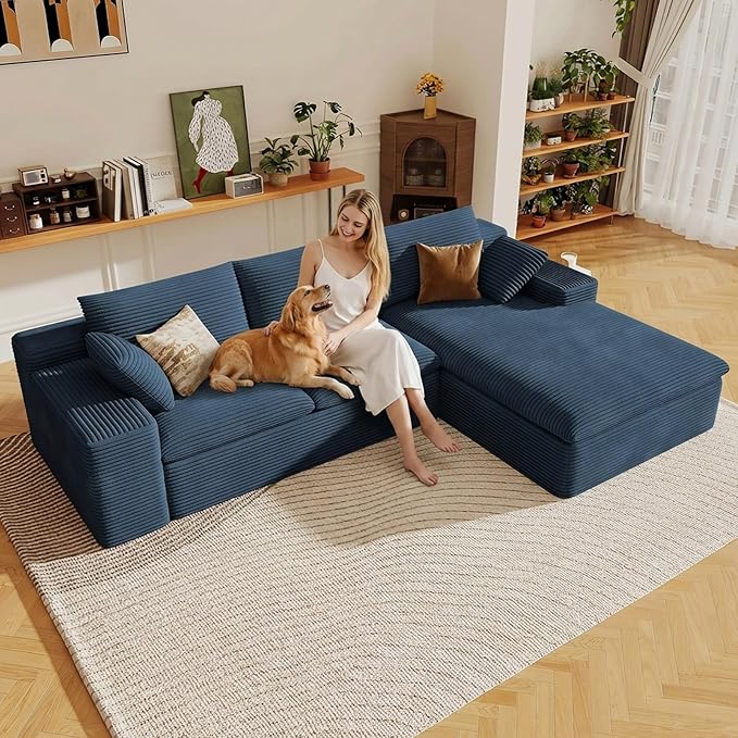 107" Cloud Sectional Couch with L-Shape Chaise, Modern Corduroy Viral Boneless Sofa for Living Room,Memory Foam Couches in a Box with Deep Seat,No Assembly Required (Blue,Right-Facing Chaise)