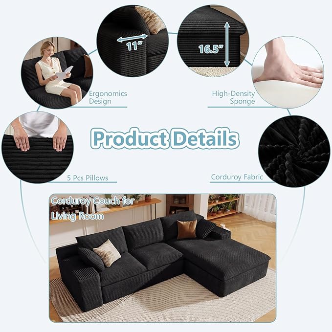 107" Cloud Sectional Couch with L-Shape Chaise, Modern Corduroy Viral Boneless Sofa for Living Room,Memory Foam Couches in a Box with Deep Seat,No Assembly Required (Black,Right-Facing Chaise)