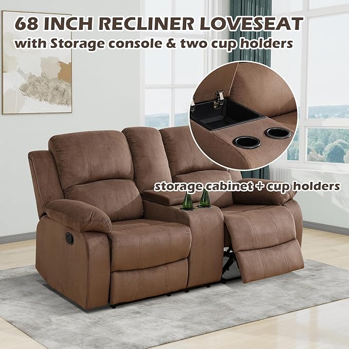 SIENWIEY Manual Recliner Sectional Sofa for Living Room,L Shaped Reclining Sectional Corner Couch with Loveseat,Brown Fabric Recliner Sofa Set with Storage Console/Drop Down Coffee Table/Cup Holders