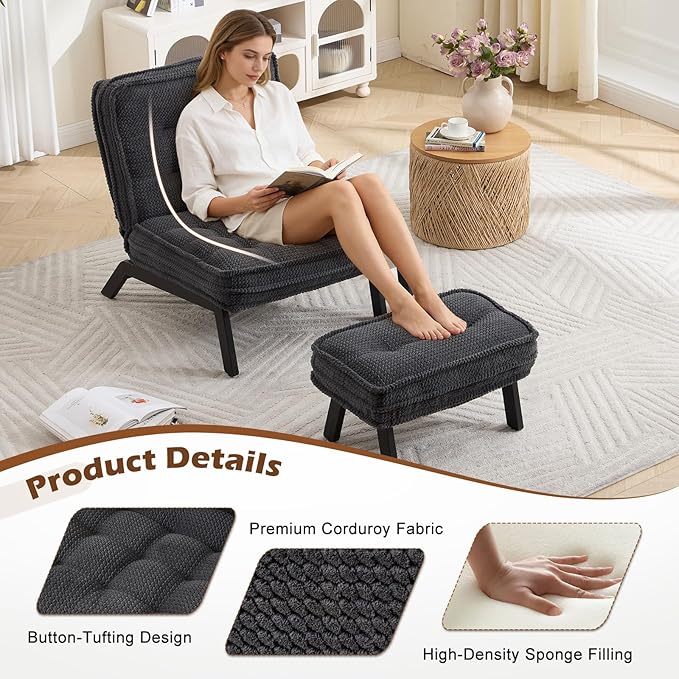 ANJ Accent Chair with Ottoman Adjustable Backrest, Living Room Chair Tufted Upholstered Lounge Chair with Footrest Set, Modern Chair Cozy Reclining Chair for Reading Room Bedroom