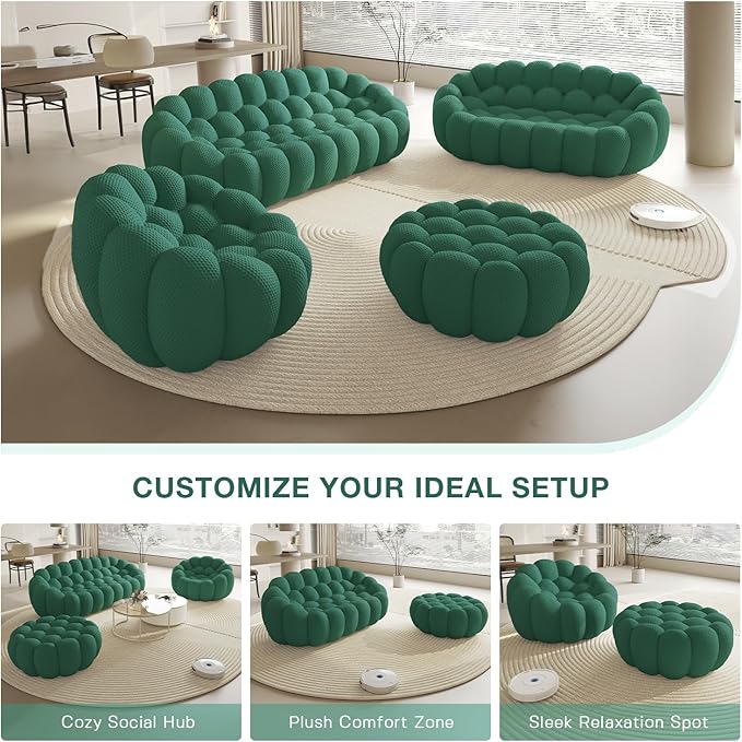 WJShome Modular Sectional Sofa,Bubble Couch Set,1 Seater+ Ottoman,Modern Upholstered Bean Bag Sofa Couch Mesh Fabric Lazy Floor Chair Living Roon Sets (Green)