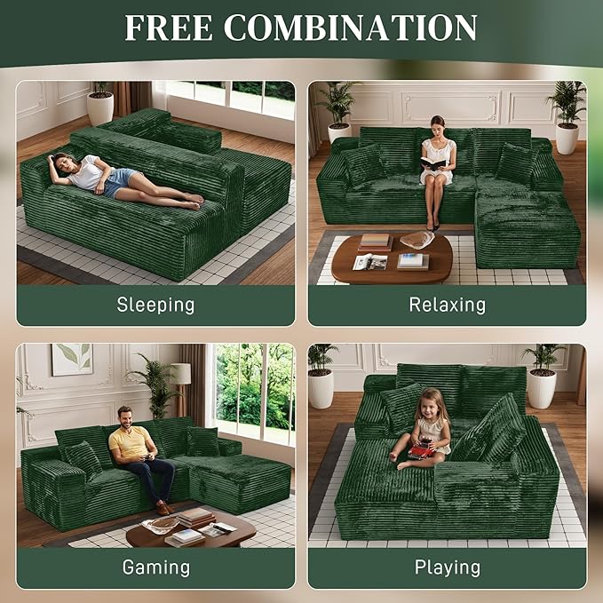 Modular Sectional Sofa Cloud Sectional Couch, 107" Comfy Fluffy L Shaped Green Couches for Living Room, Deep Seat Memory Foam Plush Corduroy Boneless Couch Sectionals with Right Facing Chaise Sofa