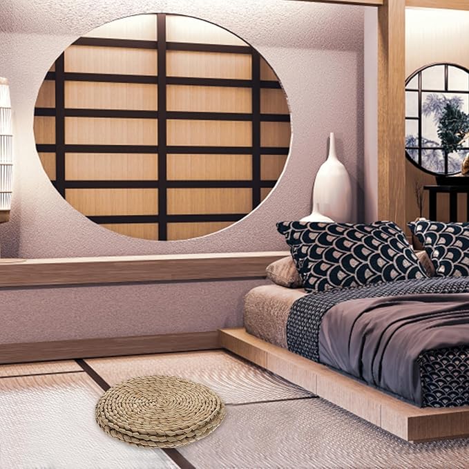 Luxshiny Woven Tatami Floor Cushion Double-Layer 30x30cm Sitting Pad with Reed Grass for Meditation and Yoga, Thick Breathable Seat Mat for Adults, Zen Floor Pillow for Bedroom and Tea Room